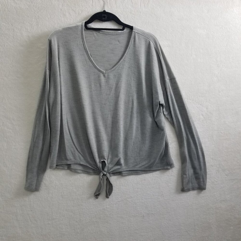 Pink Gray stripped Rayon Blend Luxury V-Neck Knit Jumper Women L front knot